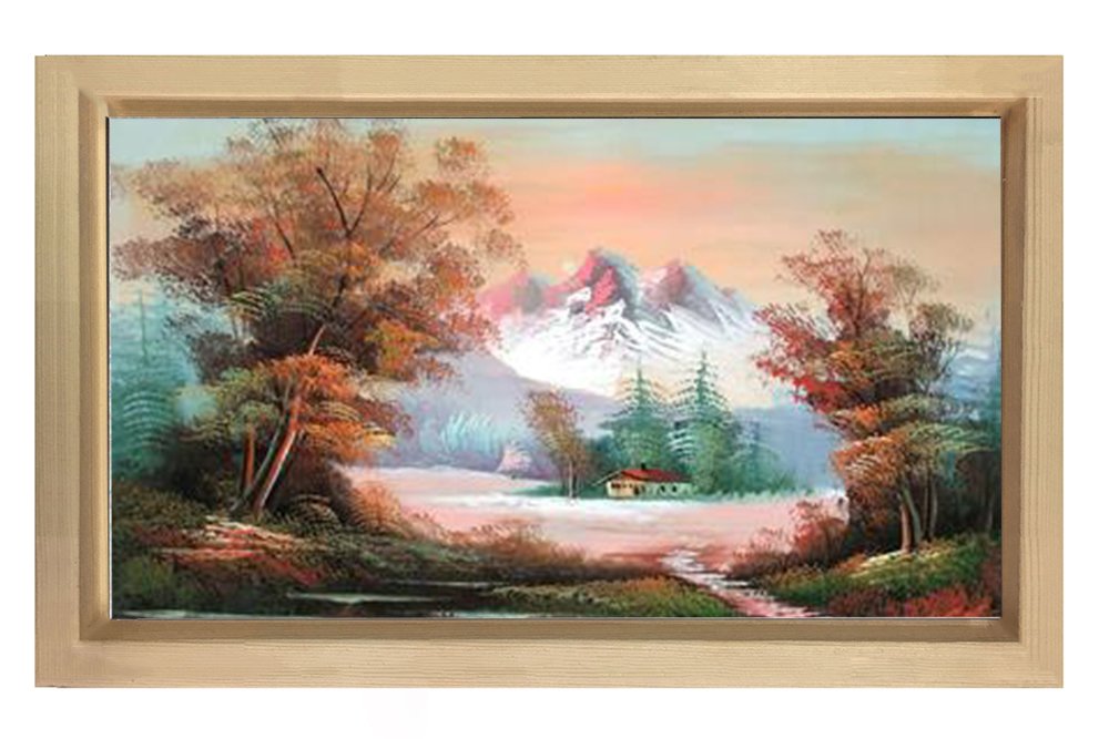 Köy Evi Ve Dağ Manzarası Tablosu Naturel Ahşap Çerçeve - 100x200