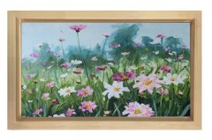 Pembe Beyaz Çiçekler Tablosu Naturel Ahşap - 50x70