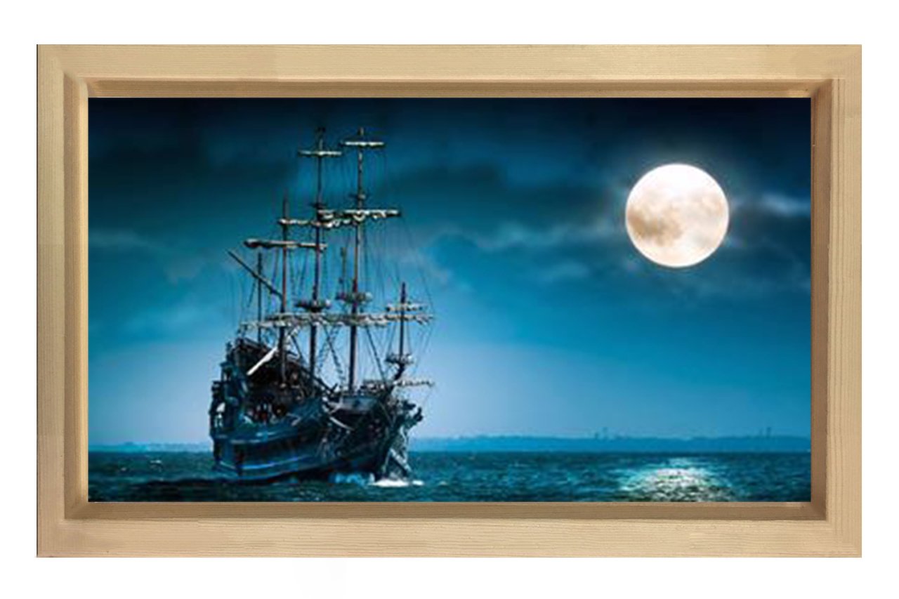 Işıklı Gemi Tablosu Tablosu Naturel Ahşap Çerçeve - 50x90