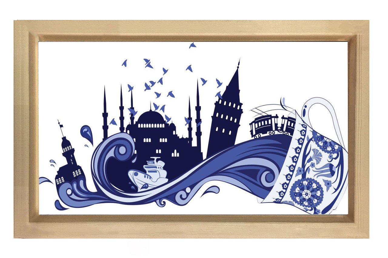 İstanbul Vektörel Tablosu Naturel Ahşap Çerçeve - 50x90