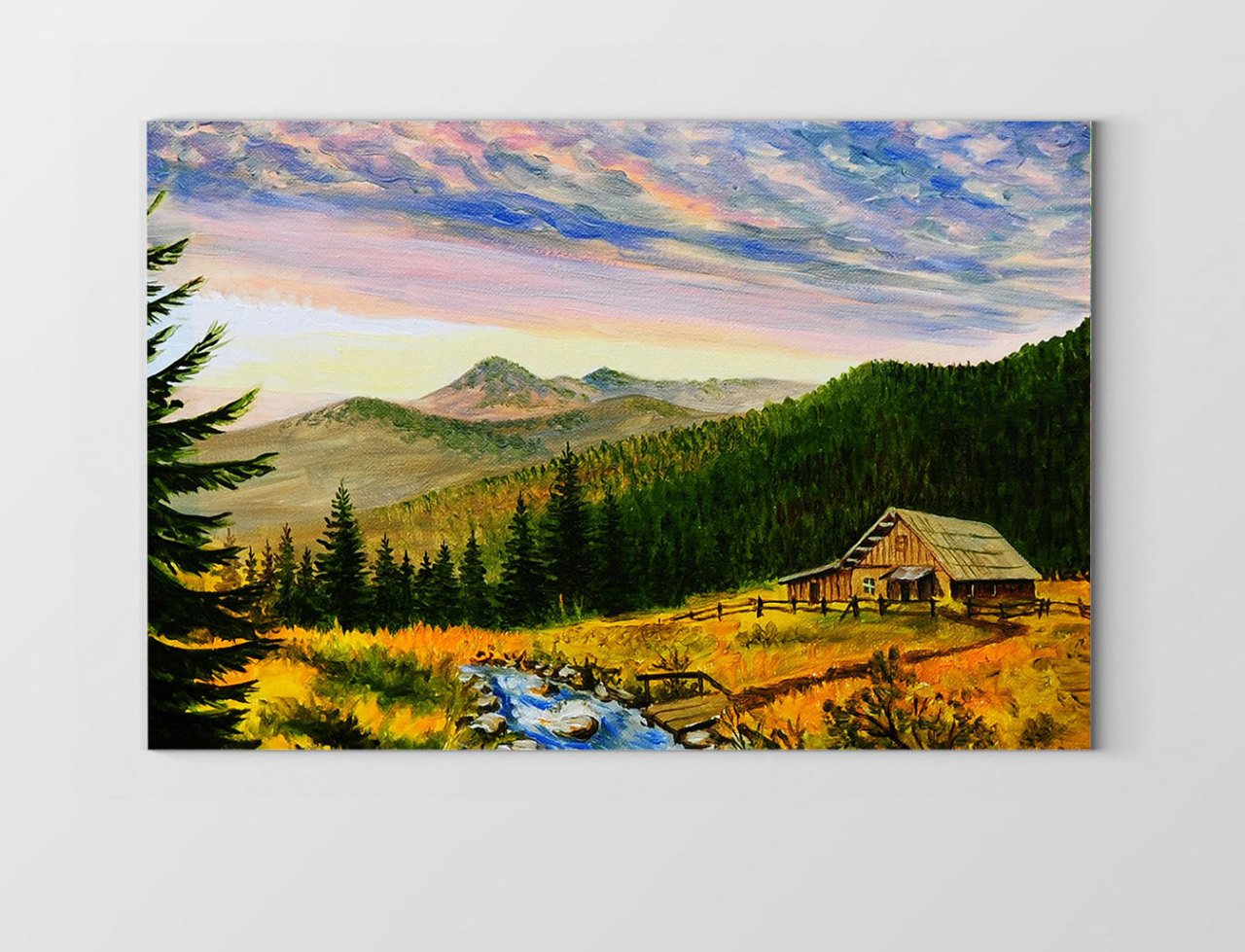 Dağ Evi  Ve Yeşil  Manzara Tablosu Çerçevesiz - 100x150