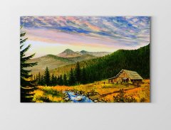Dağ Evi  Ve Yeşil  Manzara Tablosu Çerçevesiz - 50x70