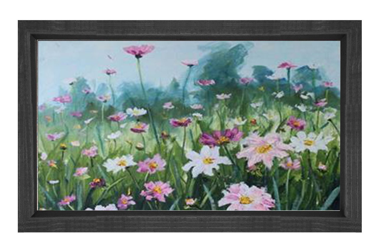 Pembe Beyaz Çiçekler Tablosu Siyah Ahşap - 50x90