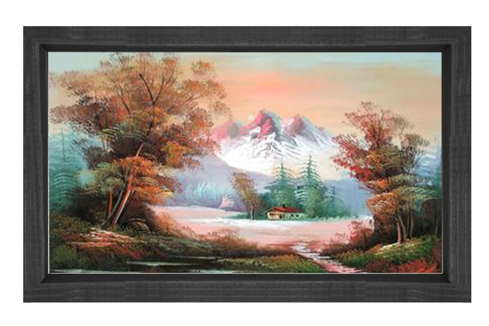 Köy Evi Ve Dağ Manzarası Tablosu Siyah Ahşap Çerçeve - 45x30
