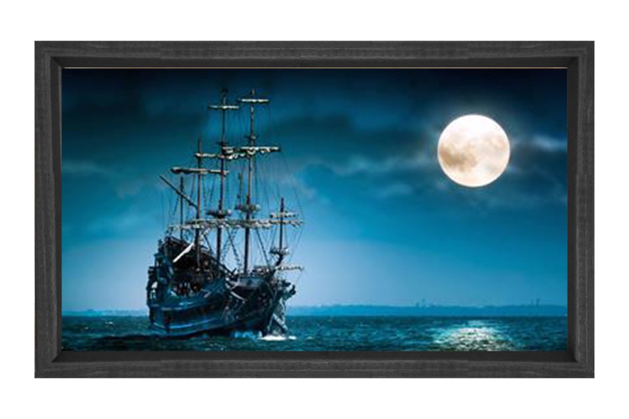Işıklı Gemi Tablosu Tablosu Siyah Ahşap Çerçeve - 50x70