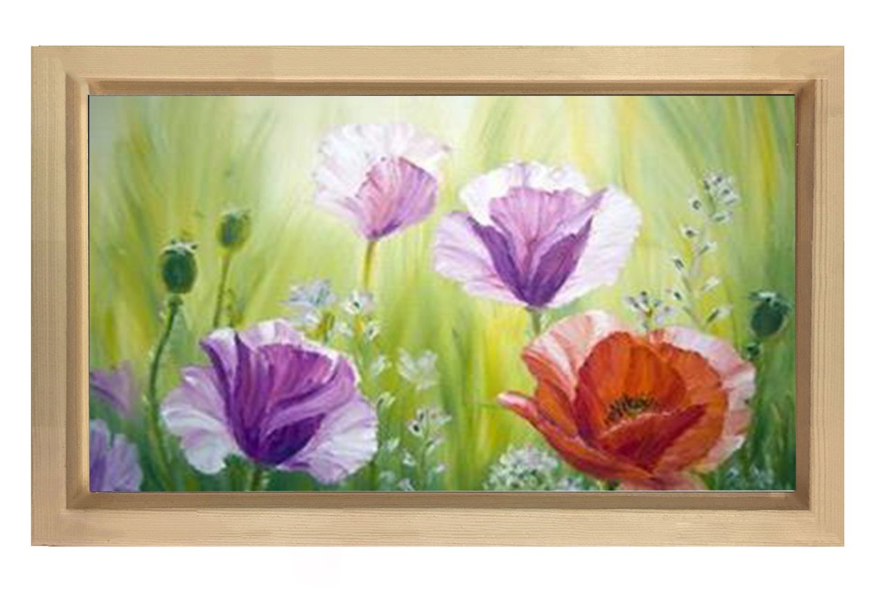 Kırmızı Mor Çiçekleri Tablosu Naturel Ahşap Çerçeve - 100x200
