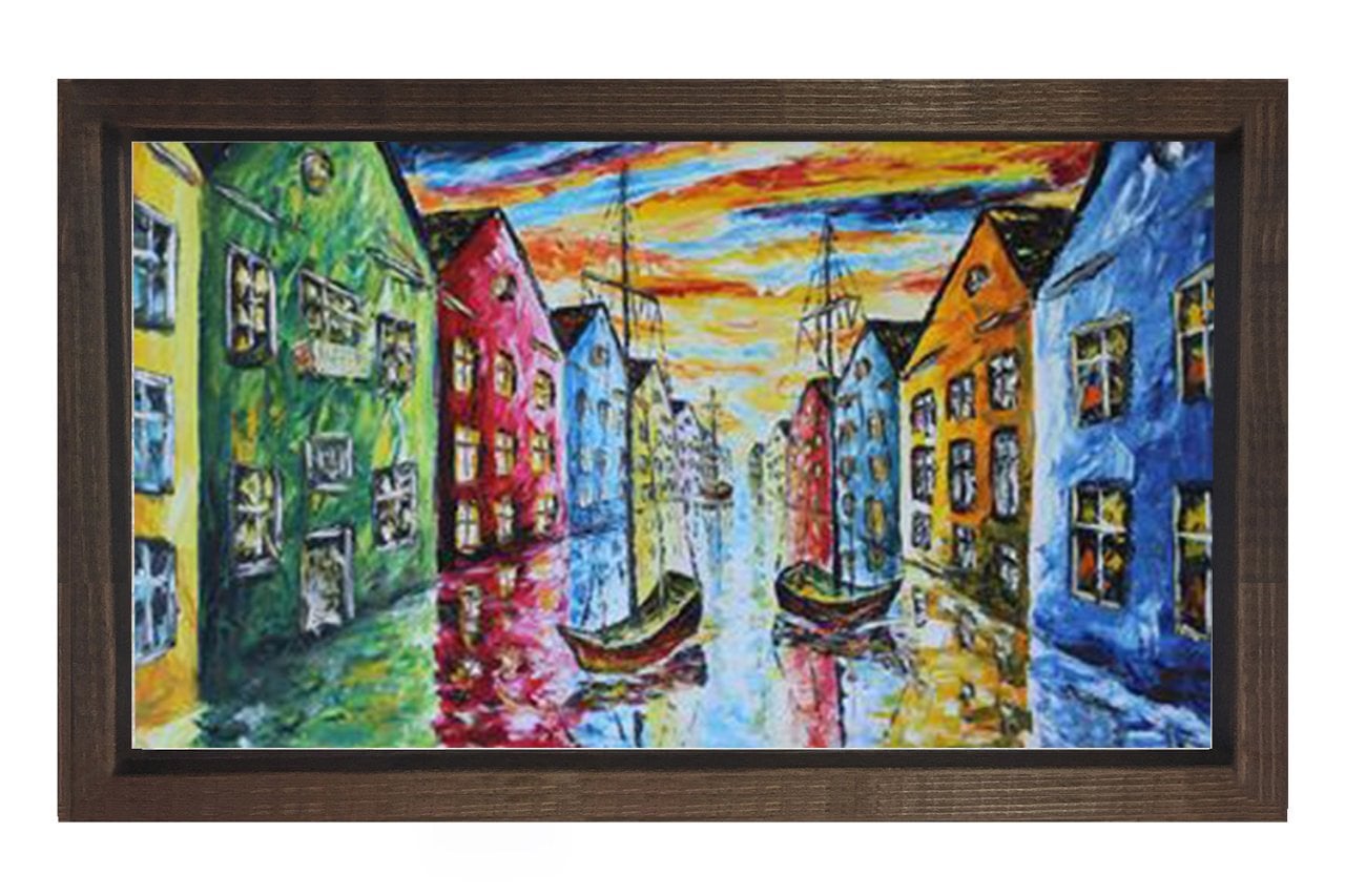 Venedik Kıyısı Gemilerle Tablosu Kahverengi Ahşap Çerçeve - 100x150