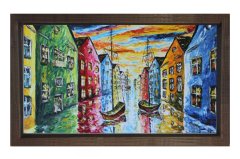 Venedik Kıyısı Gemilerle Tablosu Kahverengi Ahşap Çerçeve - 100x150