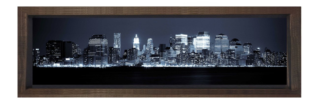 Gece Şehir Gökdelen Tablosu Kahverengi Ahşap Çerçeve - 120x40