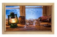 Gaz Lambası Ve Bardaklar Tablosu Naturel Ahşap Çerçeve - 100x150