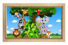 Mutlu Hayvanlar Ağacı Tablosu Naturel Ahşap Çerçeve - 50x70