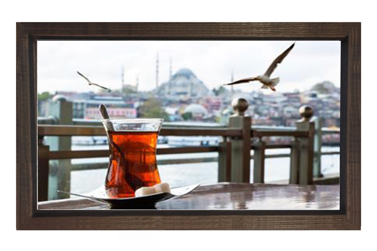 İstanbul  ve Çay Tablosu Kahverengi Ahşap Çerçeve - 45x30