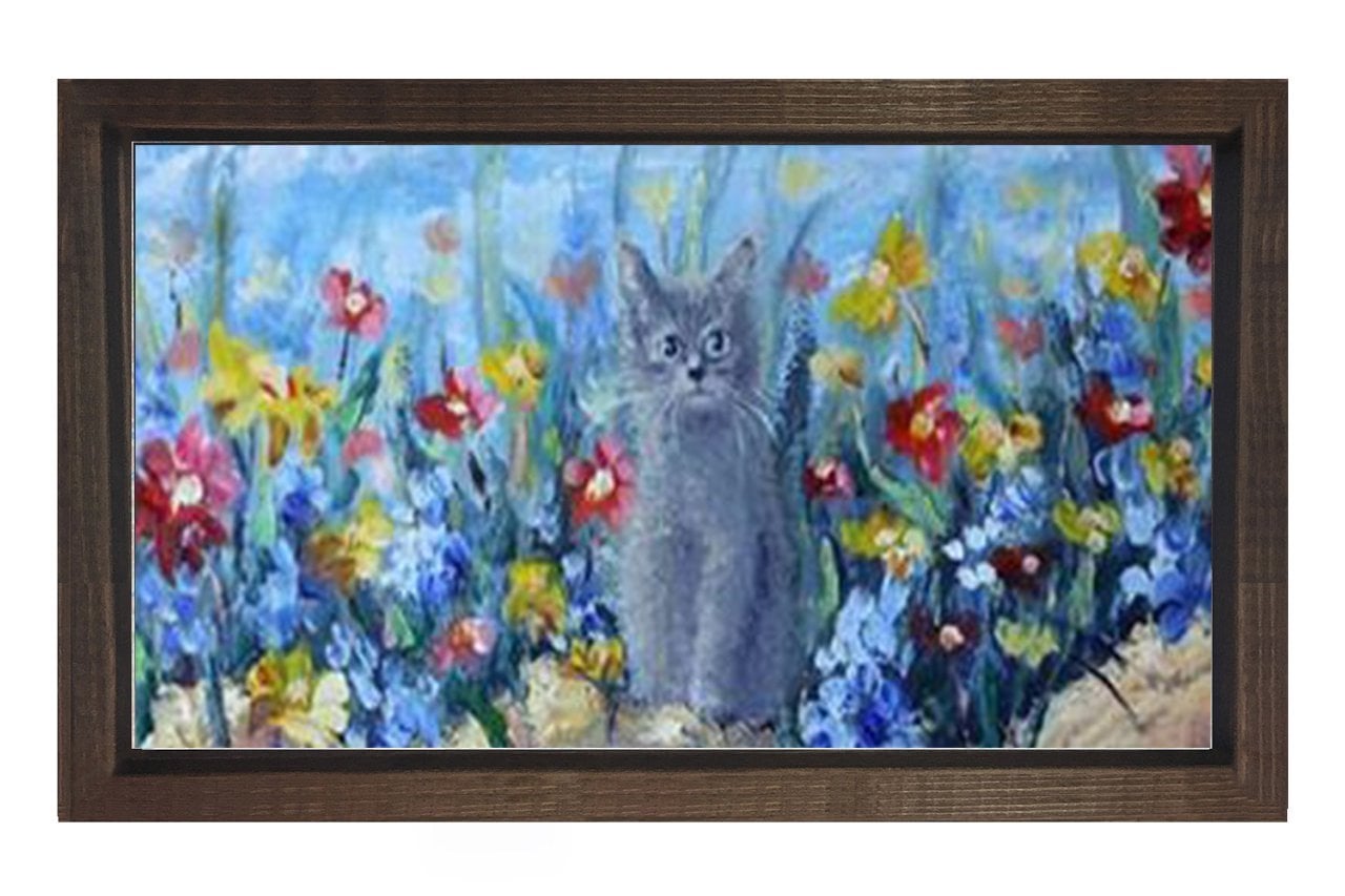 Çiçekler Kedi Reprödiksiyon Tablosu Kahverengi Ahşap - 50x90