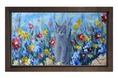 Çiçekler Kedi Reprödiksiyon Tablosu Kahverengi Ahşap - 50x90