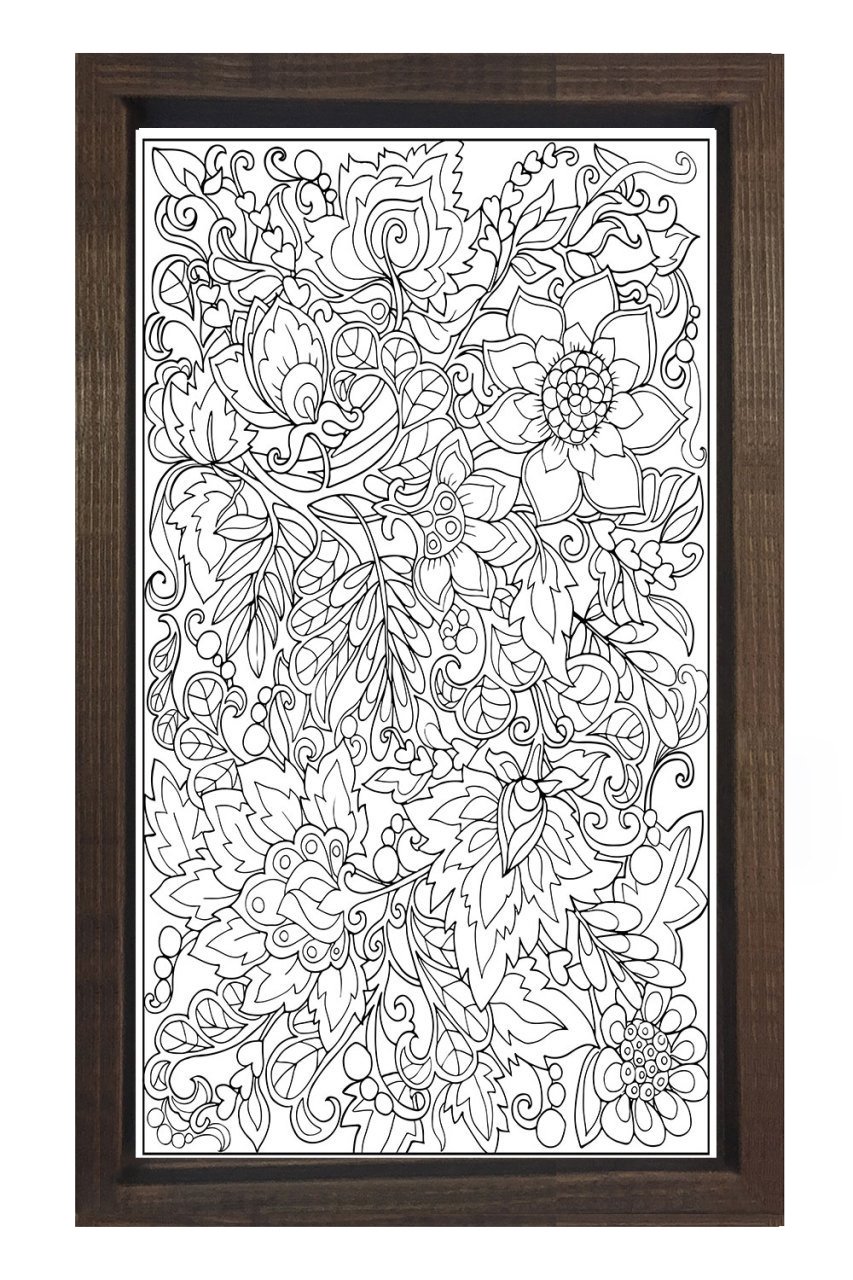 Çiçekli Desen Boyama Tablo Tablosu Kahverengi Ahşap Çerçeve - 40x60