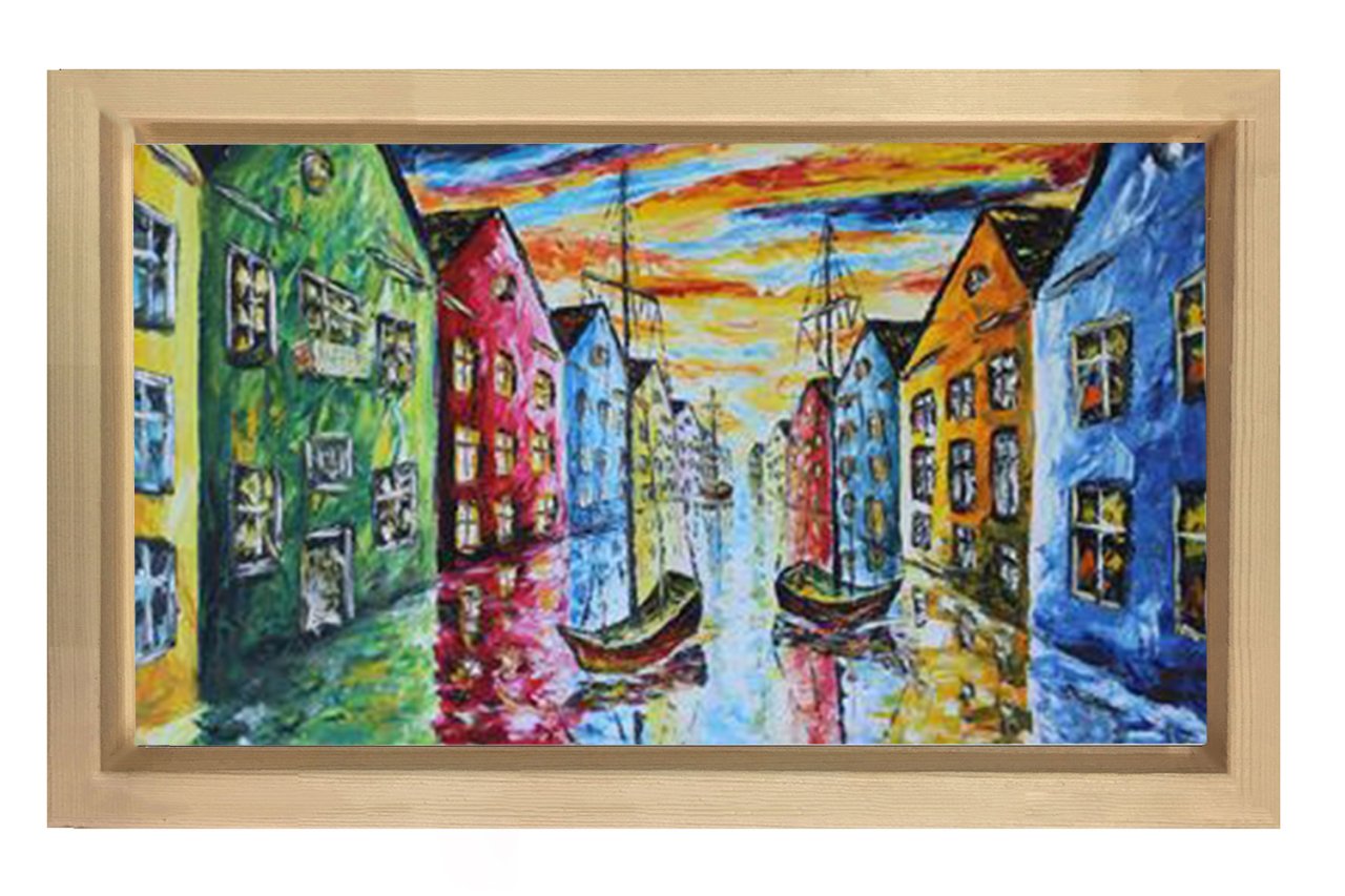 Venedik Kıyısı Gemilerle Tablosu Naturel Ahşap Çerçeve - 100x150