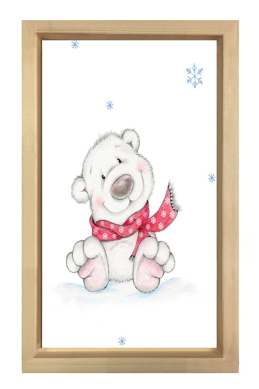 Atklı Sevimli Ayıcık Tablosu Naturel Ahşap Çerçeve - 50x90