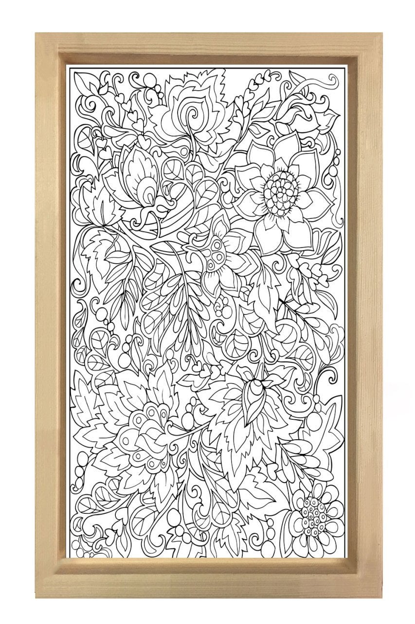 Çiçekli Desen Boyama Tablo Tablosu Naturel Ahşap Çerçeve - 40x60