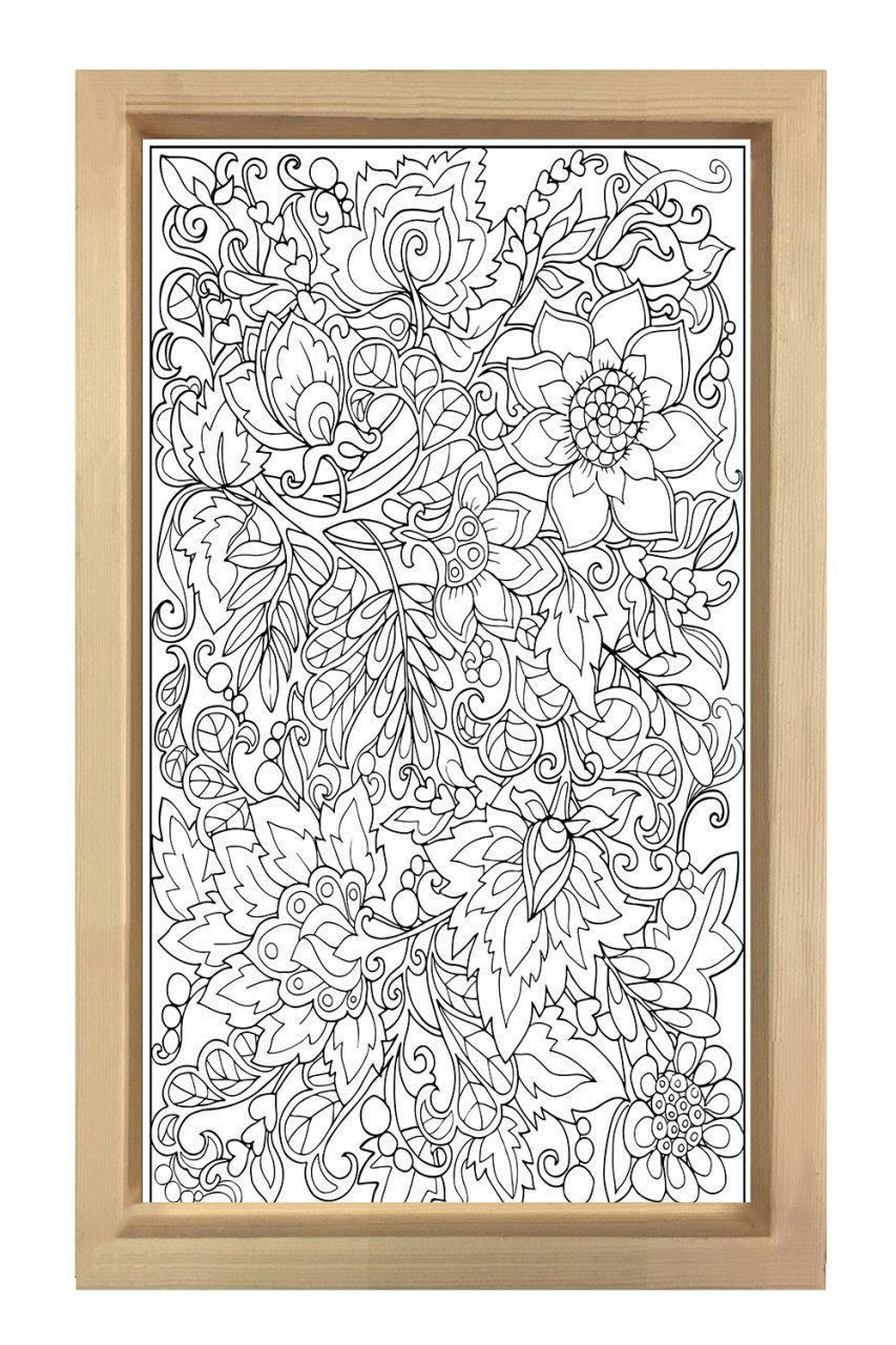 Çiçekli Desen Boyama Tablo Tablosu Naturel Ahşap Çerçeve - 45x30