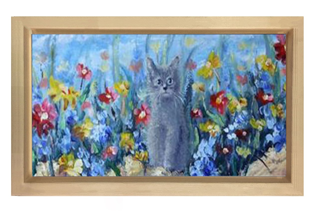 Çiçekler Kedi Reprödiksiyon Tablosu Naturel Ahşap - 70x100