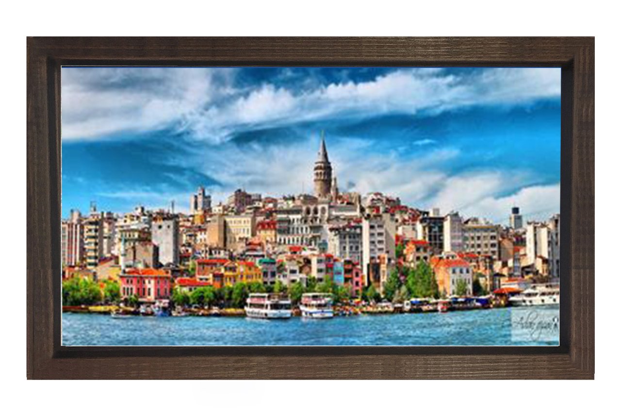 Galata Kulesi ve Evler Tablosu Kahverengi Ahşap - 100x150
