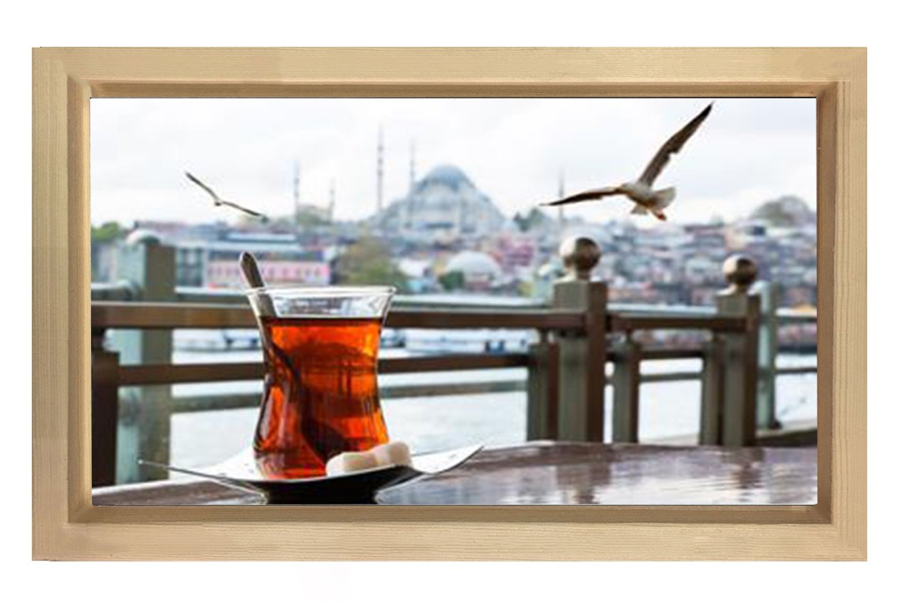 İstanbul  ve Çay Tablosu Naturel Ahşap Çerçeve - 70x100