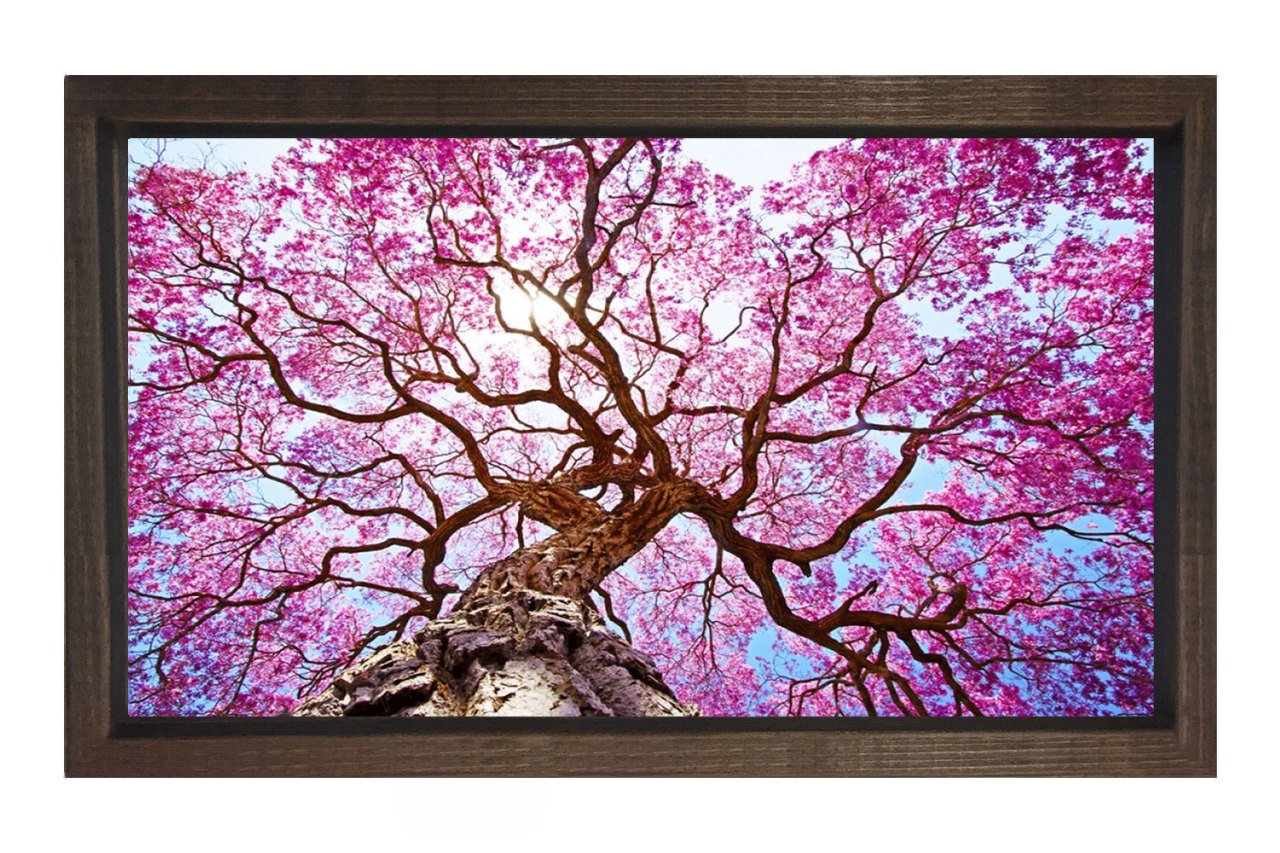 Mor Pembe Ağac Tablosu Kahverengi Ahşap Çerçeve - 45x30