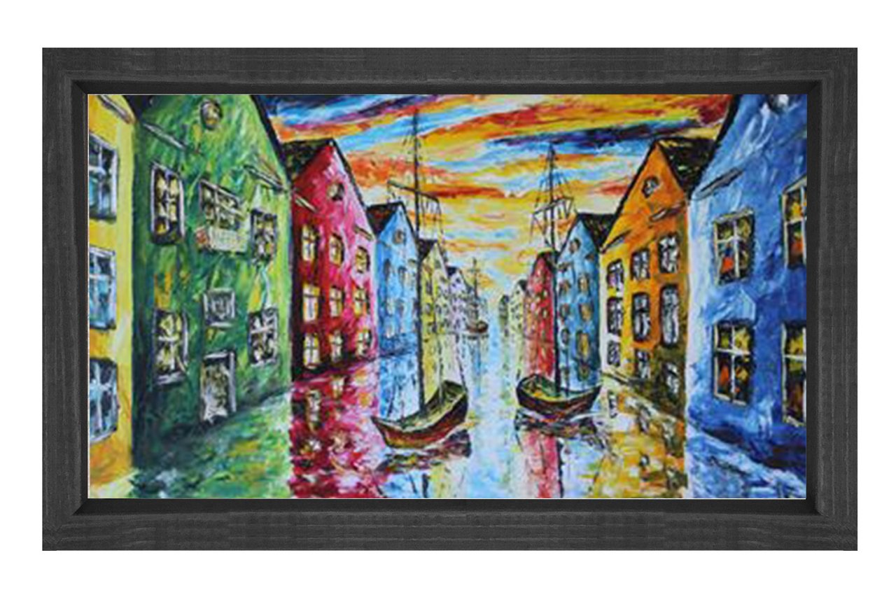 Venedik Kıyısı Gemilerle Tablosu Siyah Ahşap Çerçeve - 45x30