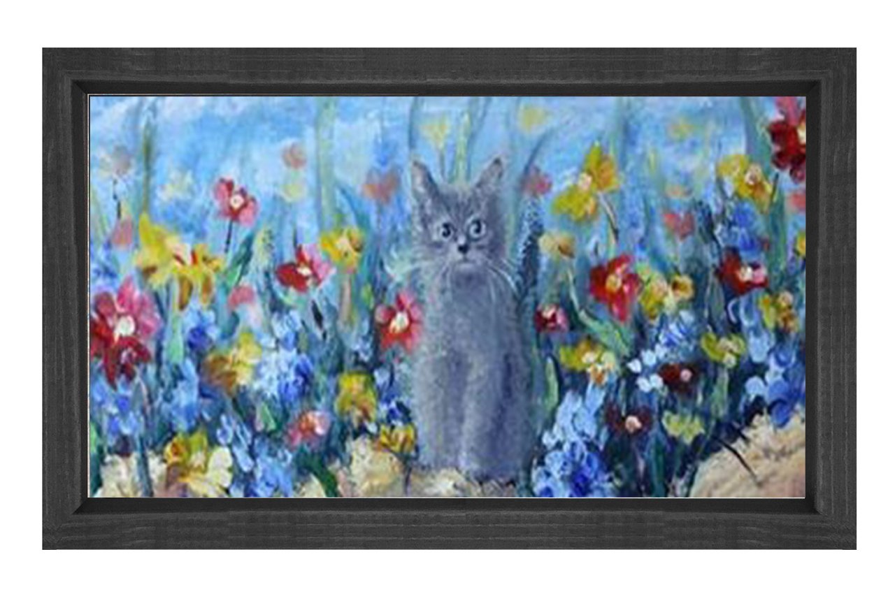 Çiçekler Kedi Reprödiksiyon Tablosu Siyah Ahşap - 50x70