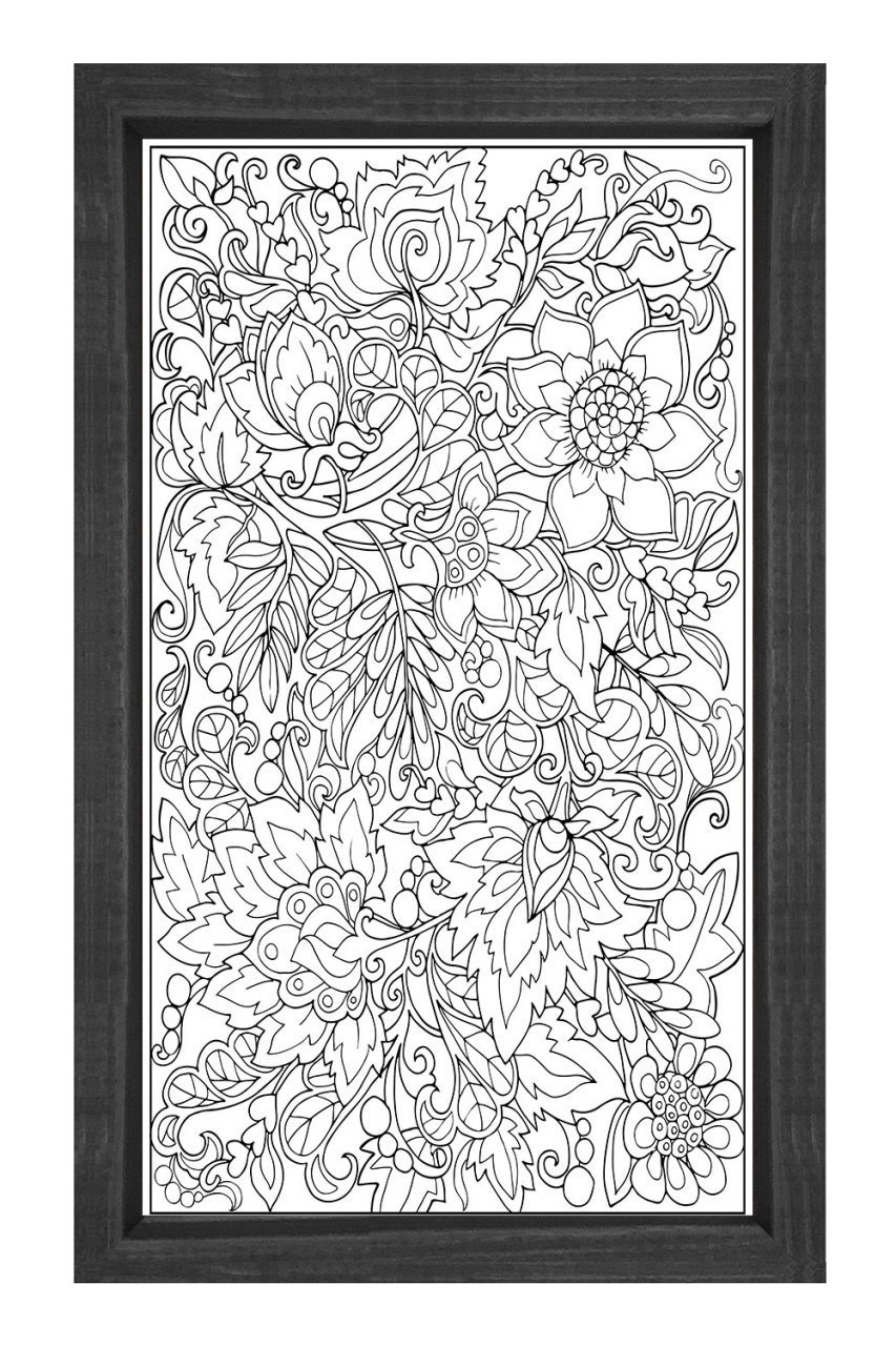 Çiçekli Desen Boyama Tablo Tablosu Siyah Ahşap Çerçeve - 50x70