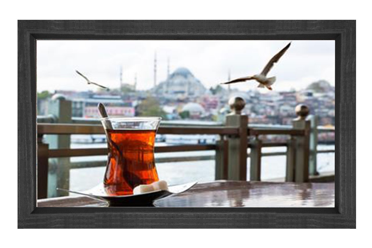 İstanbul  ve Çay Tablosu Siyah Ahşap Çerçeve - 50x90