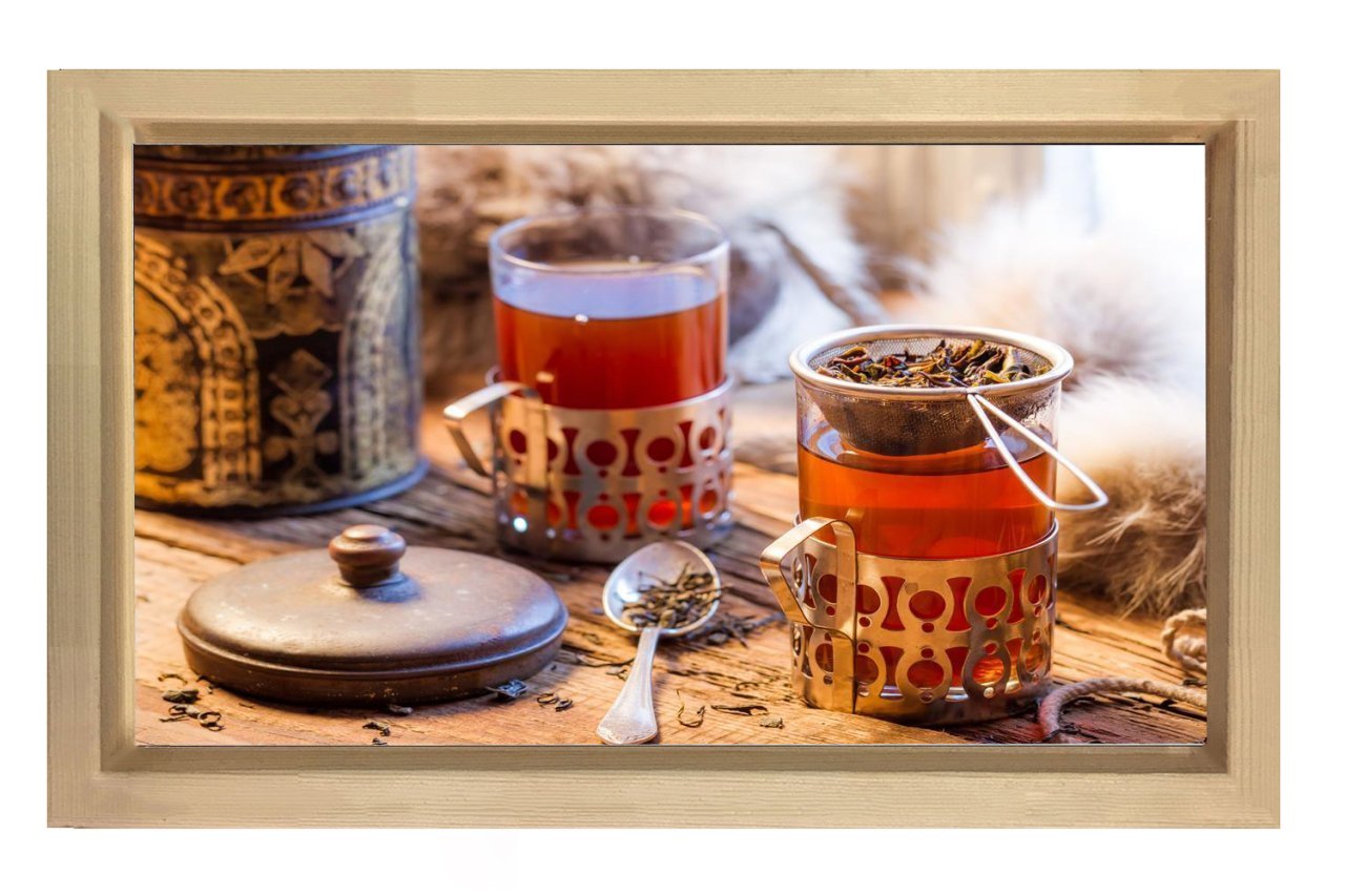 Çay Yapraklı Bardaklar Tablosu Naturel Ahşap Çerçeve - 50x90