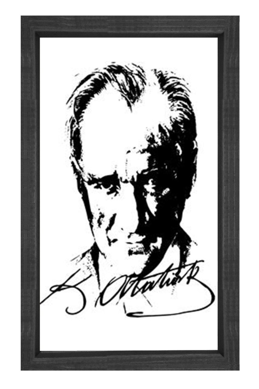 Atatürk Ve İmzası Tablosu Siyah Ahşap - 40x60